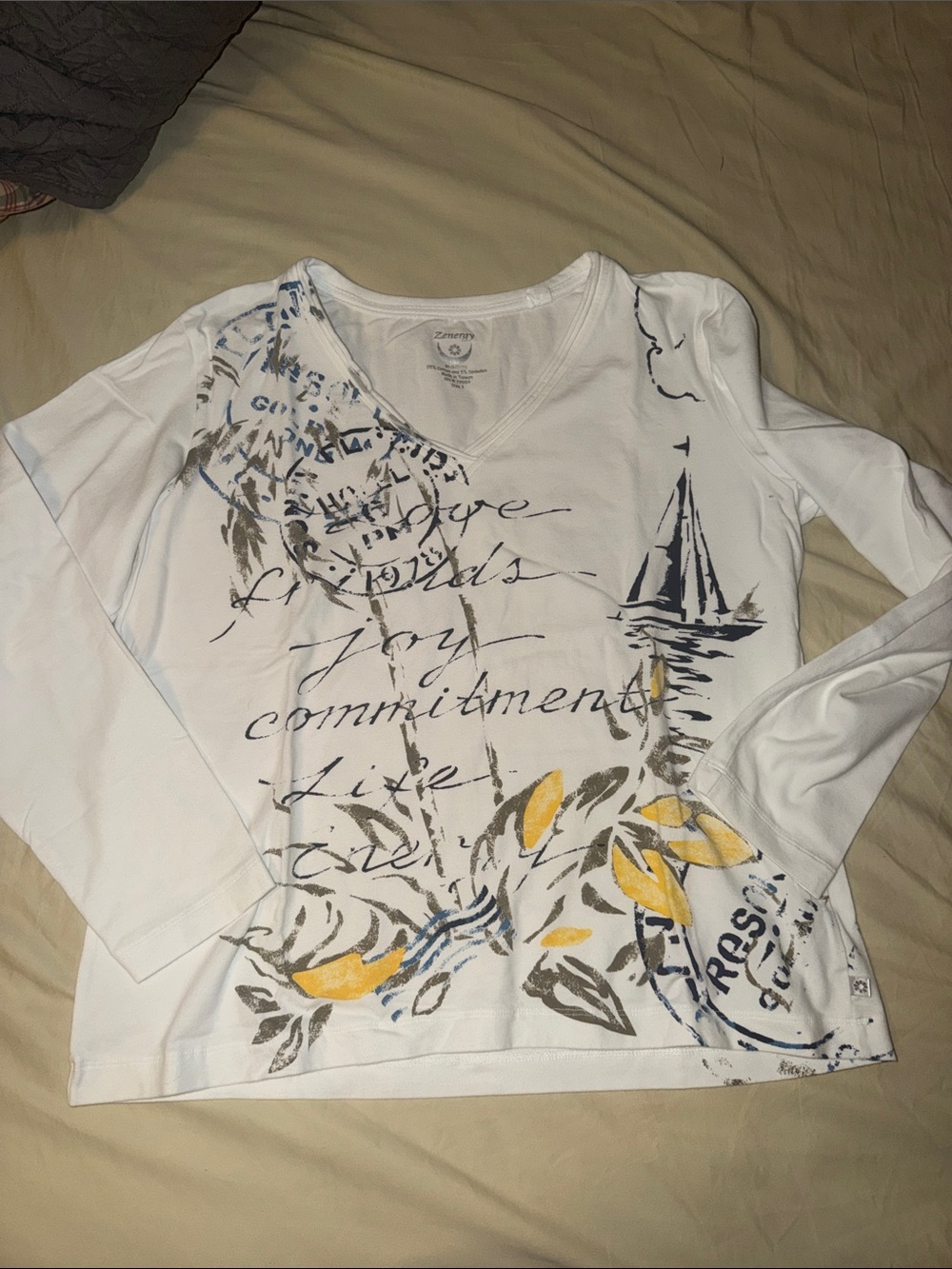 White V-Neck Long Sleeve Graphic Tee with Coastal Script